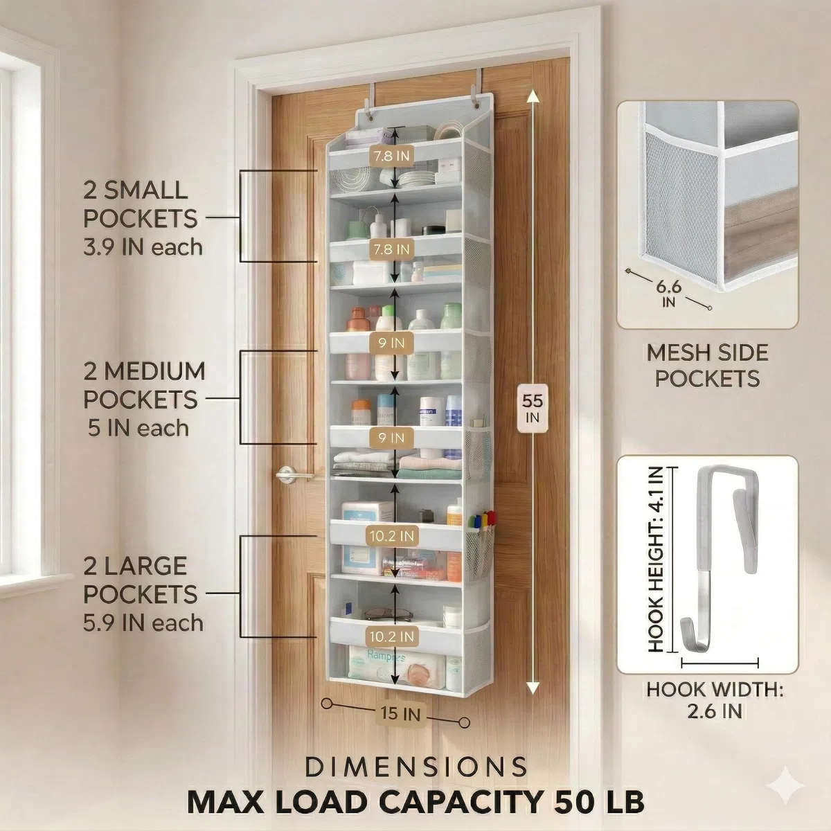 Homelux Theory 1 organizador resistente para puerta de 55 x 14 x 6.7 pulgadas, 6 bolsillos delanteros grandes y 12 laterales, organizador de puerta de armario colgante para dormitorio, baño y