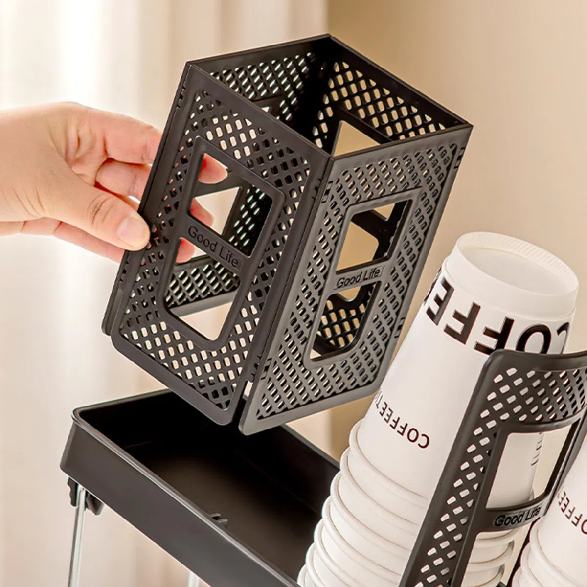 Organizador de tazas de café desechables, soporte para tazas y tapas con soporte, 6 compartimentos, organizador de vasos de papel, dispensador de vasos desechables para estación de café, oficina