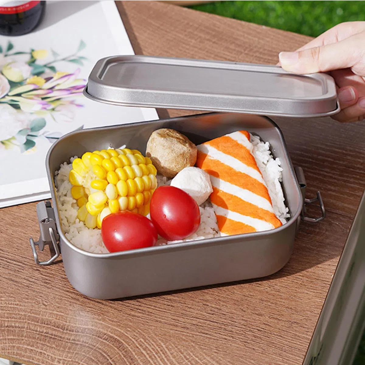 De Almuerzo De Titanio - Conservación De Alimentos De Metal | Tapa Hermética Ligera | Contenedor De Cocina Al Aire Libre Impermeable Con Mango Plegable, De Comida De Camping Para Senderis