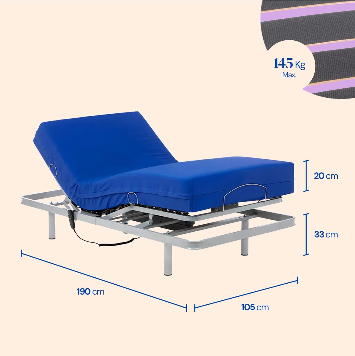 Geriafy Cama articulada con colchón viscoelástico V6 105x190 cm | Pack completo, colchón viscoelástico de 20 cm, funda impermeable, máximo confort