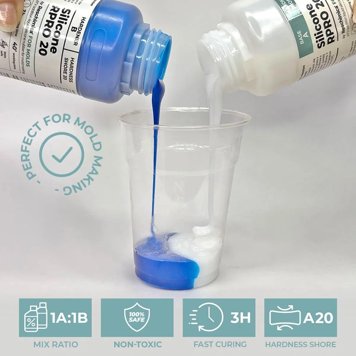 RESCHIMICA Silicona para Moldes Resistentes R PRO 20 (500 gr) Silicona Platino Para Hacer Moldes No Tóxica 1:1 Fácil de Usar Rápida Dureza Media 20 Shore para Resina Yeso y Fundición