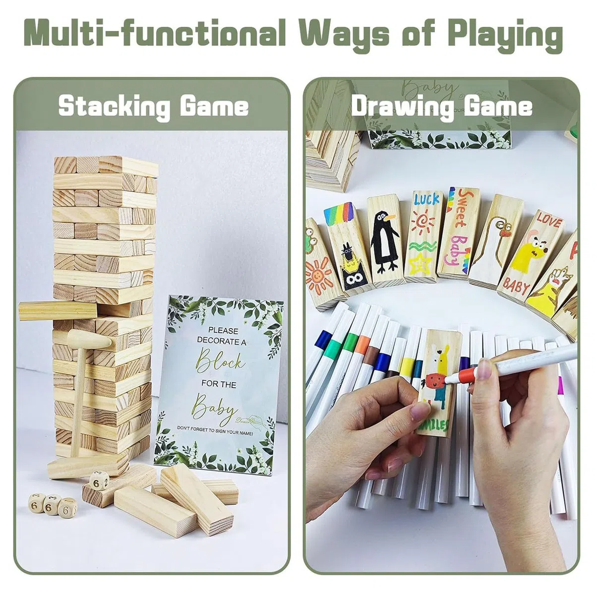 Brrnoo Juego de Bloques para Baby Shower con 48 Bloques de Madera, 12 Bolígrafos de Colores, 42 Plantillas, Caja de Madera para Fiesta de bebé, Revelación de Género, Celebración d