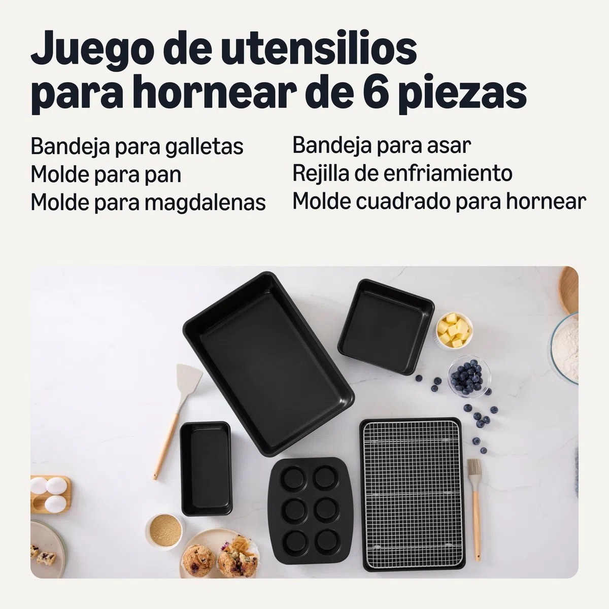 Amazon Basics Juego de 6 Utensilios para Hornear Antiadherentes, Apilables, Aptos para Lavavajillas y Horno