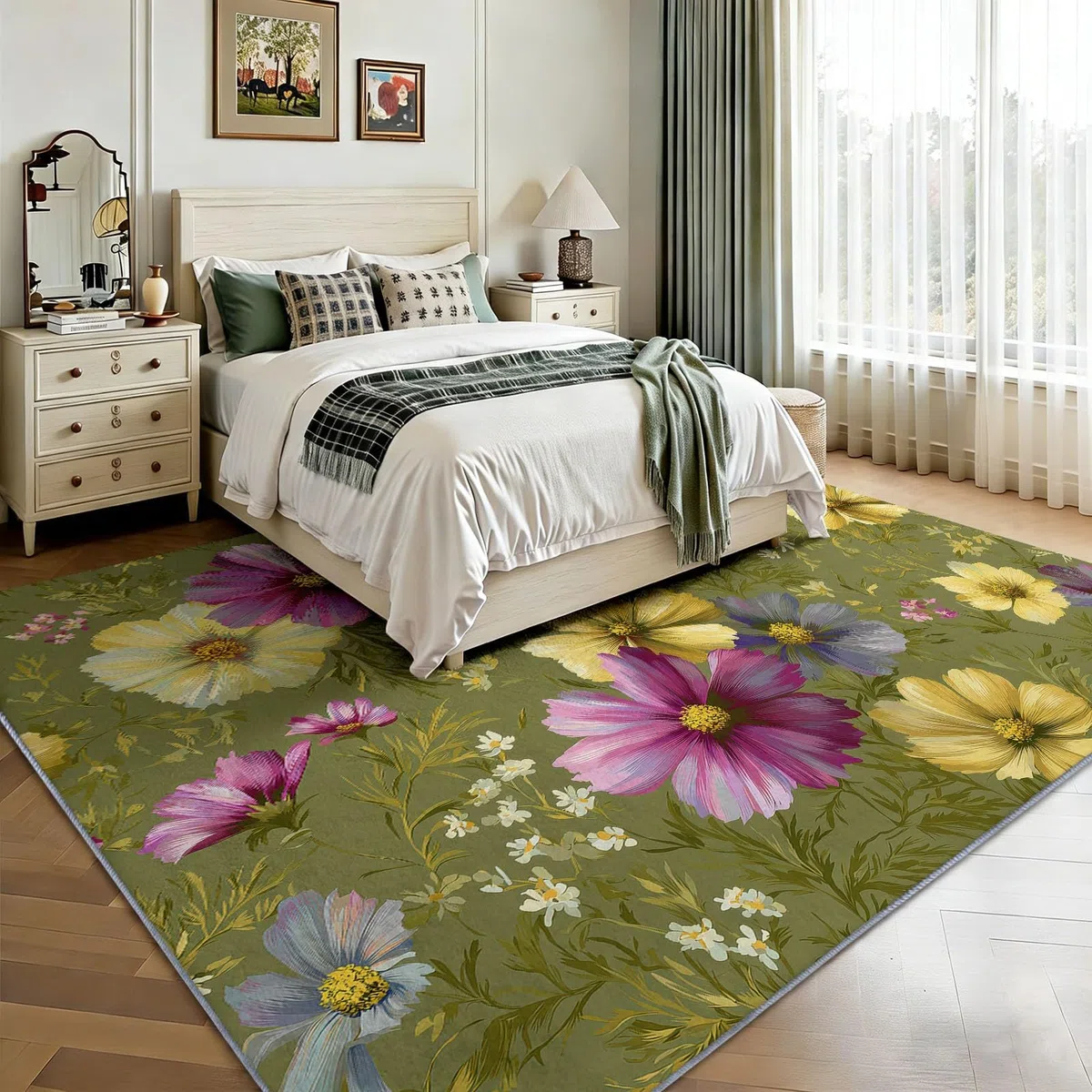 Alfombra de área de 180 x 240 cm, diseño de margaritas Cosmos con flores silvestres, lavable, antideslizante, alfombra antideslizante para dormitorio, sala de estar, alfombra de suelo de pelo corto