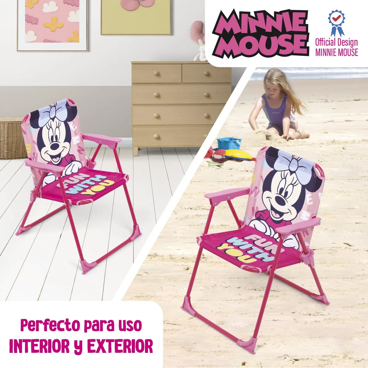 ARDITEX Silla Plegable Infantil Minnie Mouse, Silla Exterior 38 x 32 x 53cm Rosa