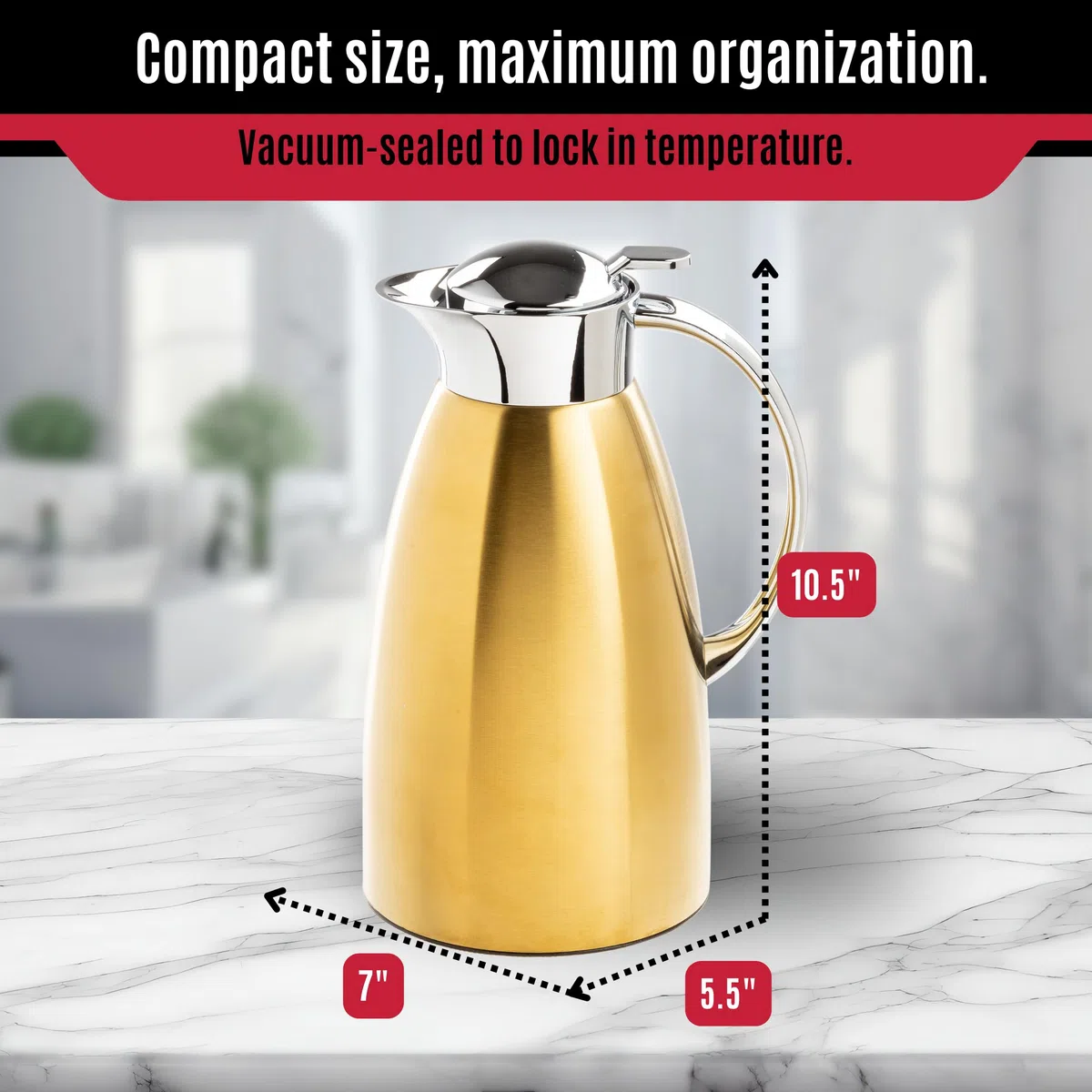 TableCraft 12679 - Jarra de café de acero inoxidable cepillado con acabado PVD dorado, aislado al vacío, dispensador de café ligero a prueba de fugas, para cafeterías, restaurantes y catering