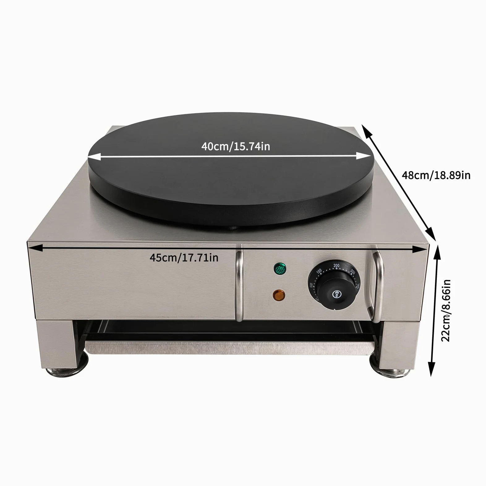2800 W, 40 cm de diámetro, máquina para crepes con carcasa de acero inoxidable, placa antiadherente y control de temperatura, adecuada para uso doméstico y comercial