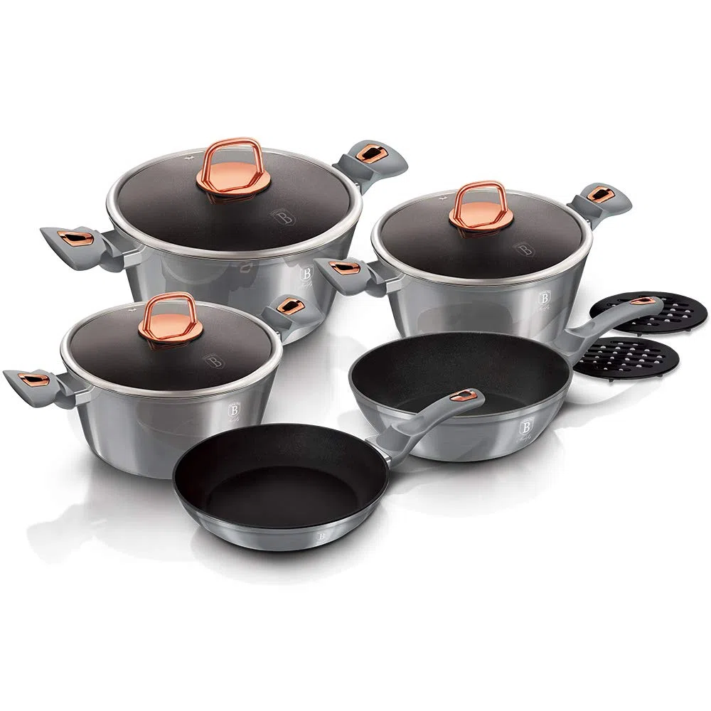 Berlinger Haus Moonlight Batería Cocina Inducción 10 Piezas, Antiadherente Titanio sin PFOA, Aluminio, Set 3 Cazuelas, 3 Tapas Cristal, 2 Sartenes, 2 Salva Manteles, Diseño Moderno, Vitrocerámica