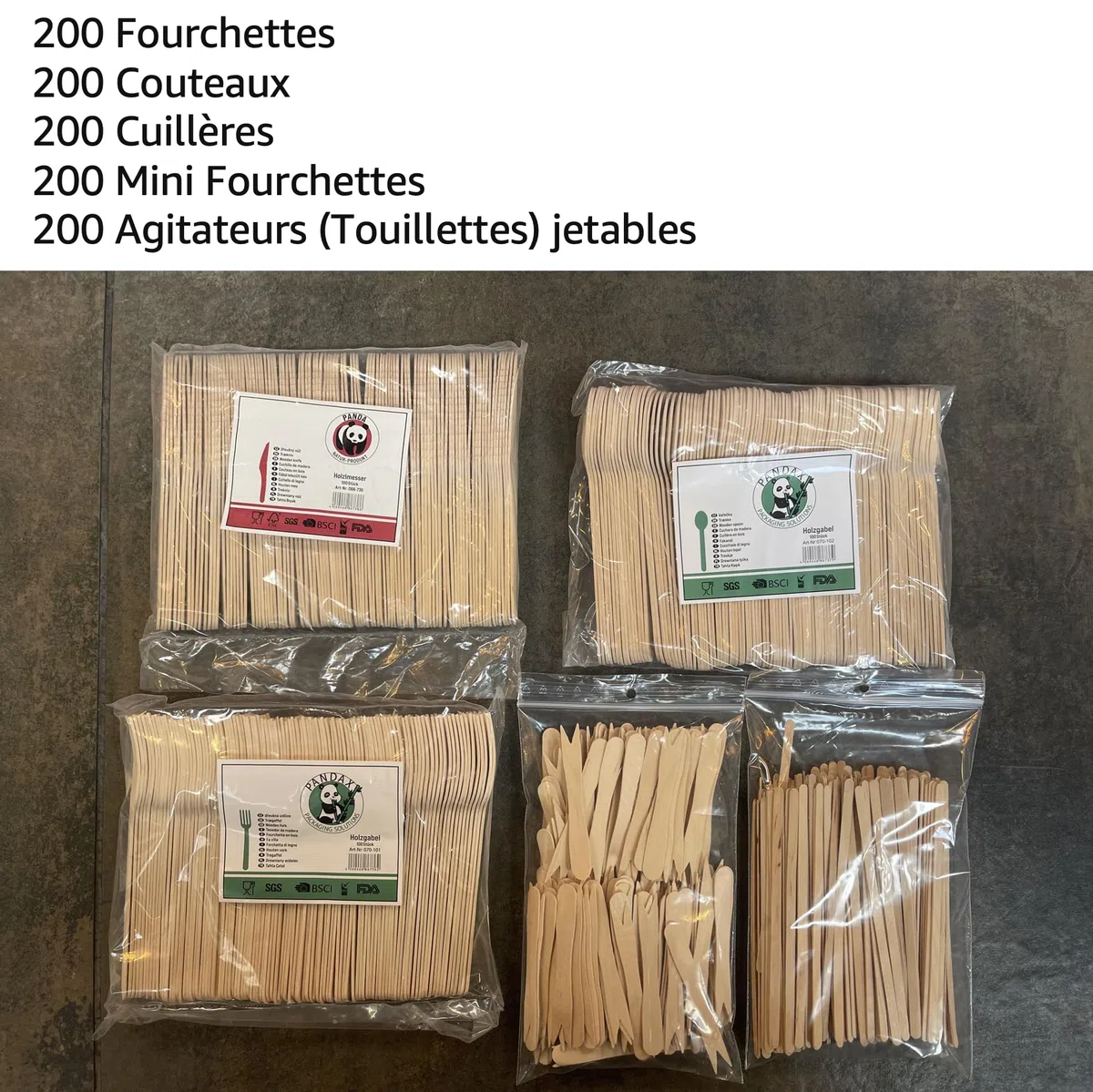 1000 piezas - Juego de cubiertos desechables de madera, cubiertos desechables (200 tenedores, 200 cuchillos, 200 cucharas, 200 mini tenedores y 200 agitadores desechables
