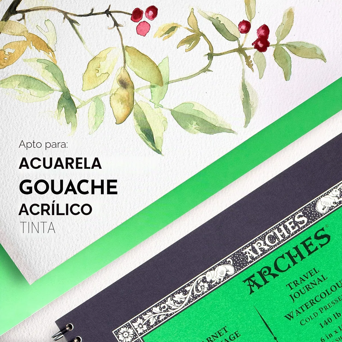 Arches Diario de Viaje de Acuarela 6 x 10 Pulgadas, Blanco Natural, 100% Algodón, 15 Hojas de Papel de Prensa en Frío para Tinta Gouache, Acrílico