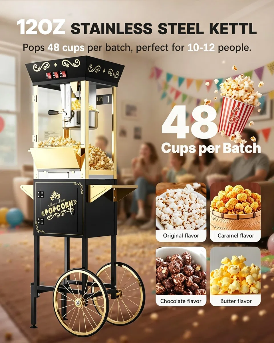Carrito de máquina de palomitas de maíz mejorado 2025 de 12 onzas, máquina para hacer palomitas de maíz con hervidor de acero inoxidable que hace hasta 48 tazas, máquina de maíz pop de cine con