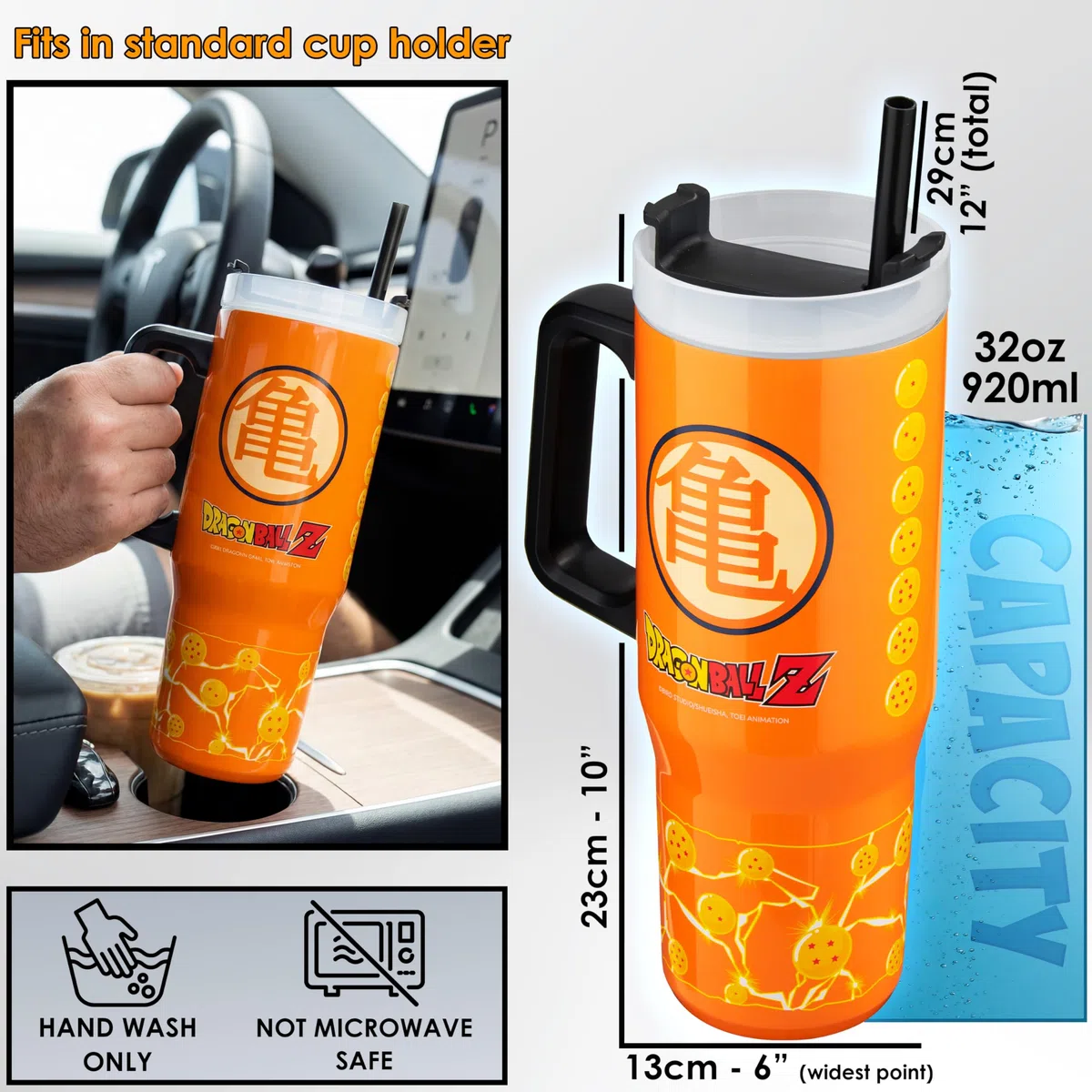 Get Trend Dragon Ball Z Vaso Térmico 920 ml, Botella Acero Inoxidable, Vaso con Pajita y Asa, Mantiene Hielo 42H Frío 12H Calor 8H, Taza Cafe, BPA Free Regalo Original (Naranja Dragon Ball)