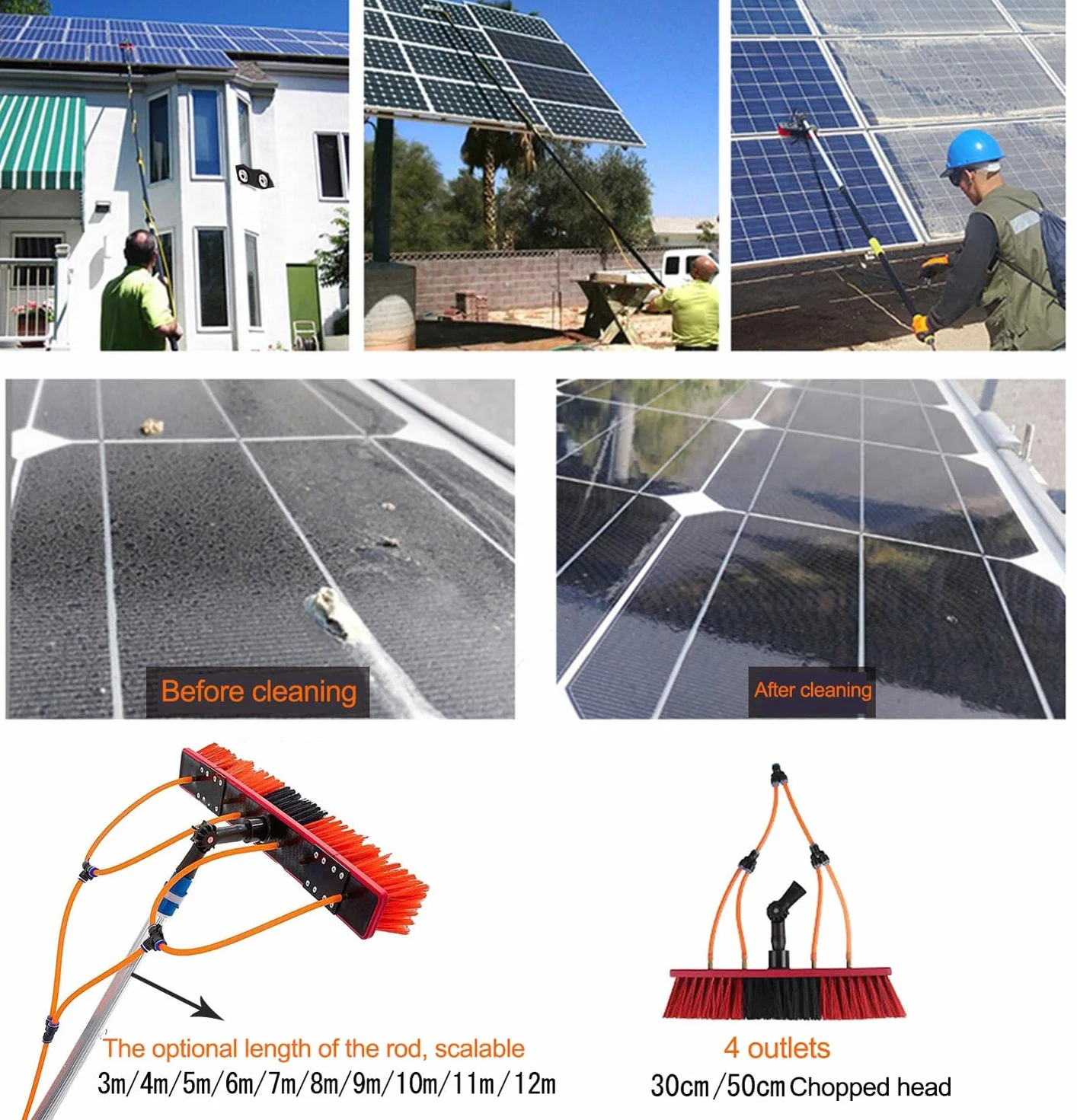 Kit de limpieza de paneles fotovoltaicos, poste extensible de 3 a 12 m con cepillo para un mantenimiento y limpieza eficientes del panel solar, diseño ajustable para un fácil alcance