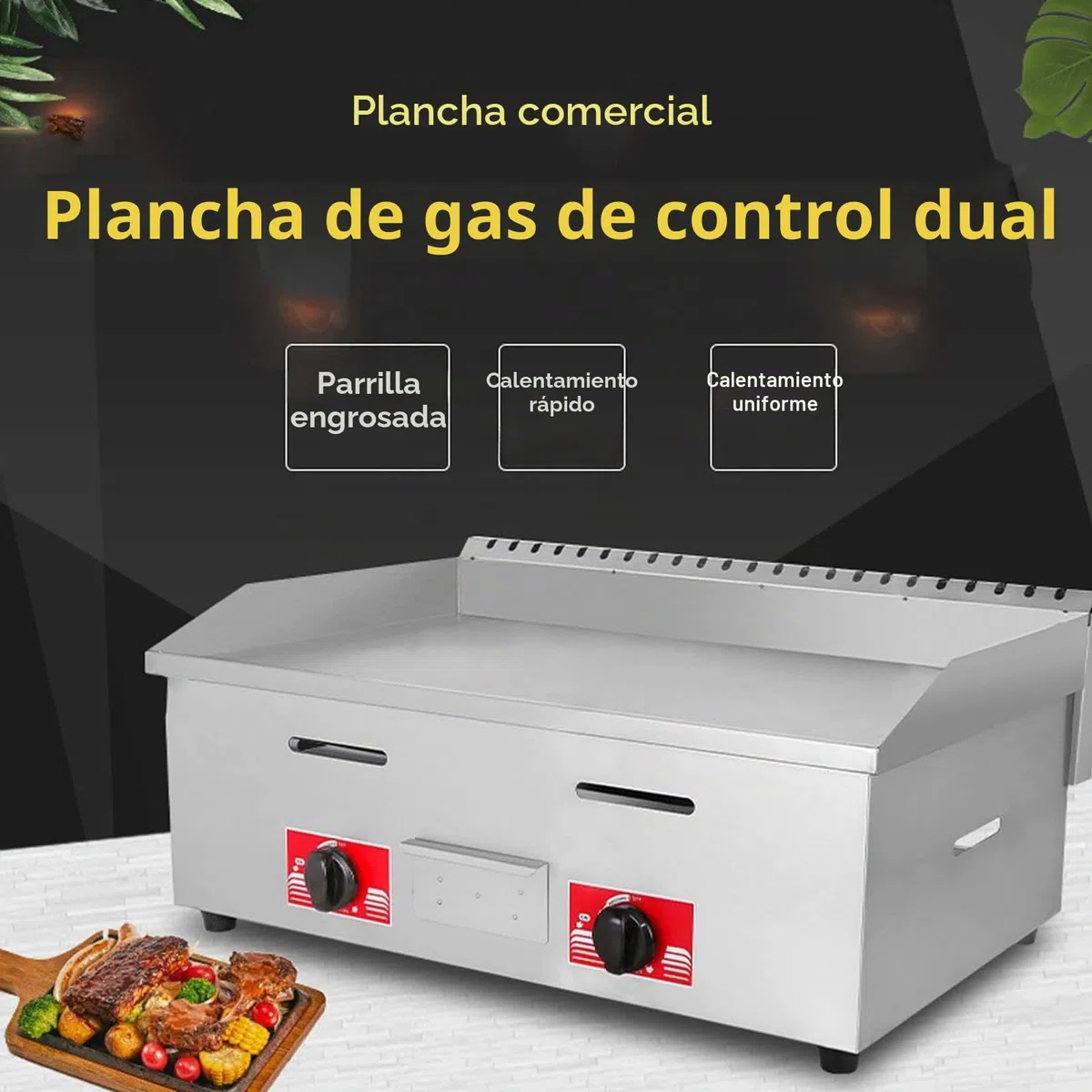 Plancha de gas de acero inoxidable de alta resistencia, con quemadores antiadherentes grandes y placa plana, ideal para asar y hornear alimentos de manera eficiente.(718)