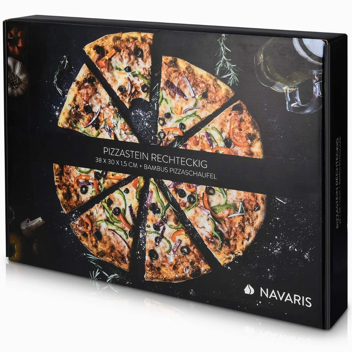 Navaris Set de piedra y pala para pizza - Piedra para horno de cordierita y pala de bambú - Bandeja para parrilla barbacoa y grill de 38 x 30 CM