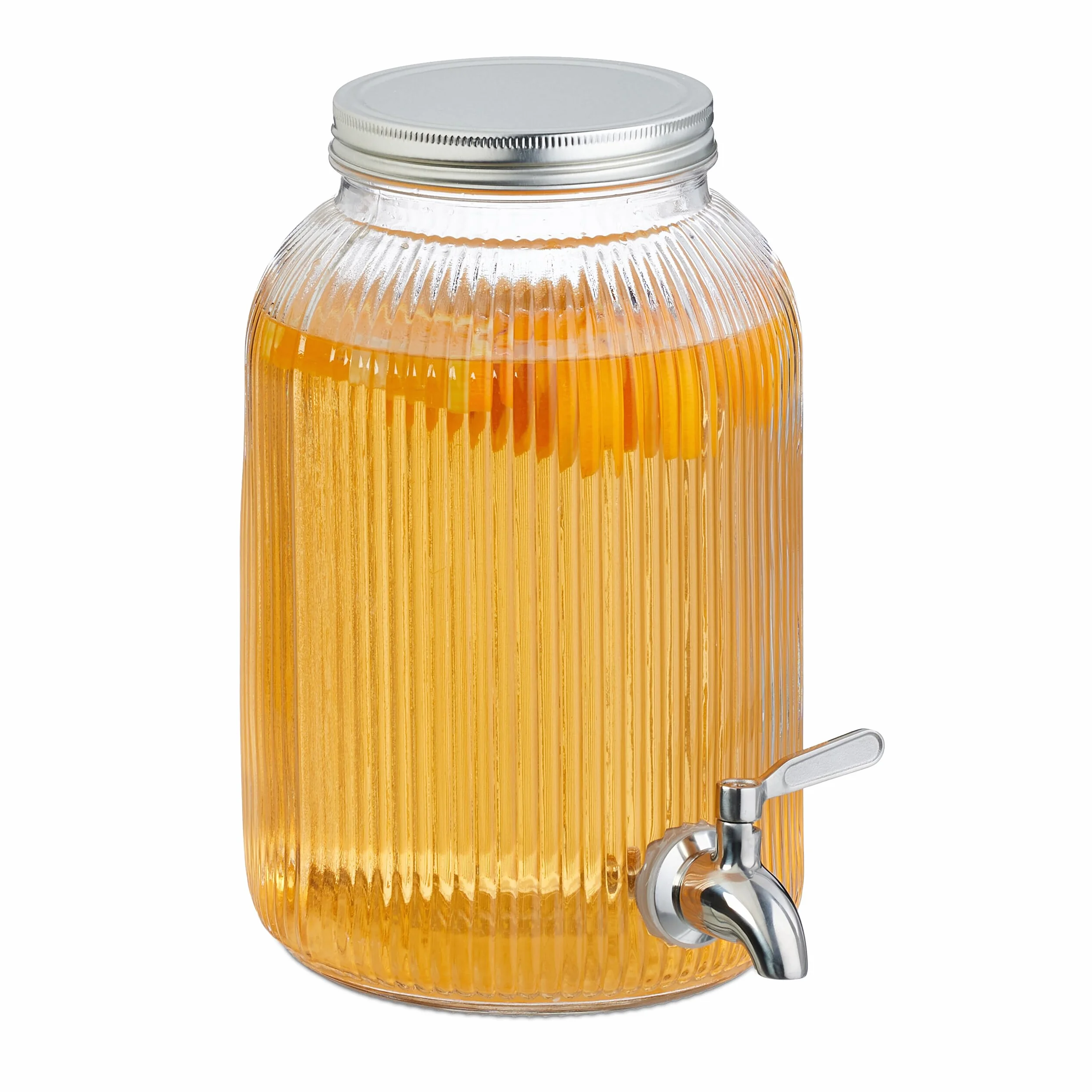 Relaxdays Dispensador de Bebidas, Recipiente para Limonada 4 L, Grifo y Tapa, Cristal y Acero Inoxidable, Transparente