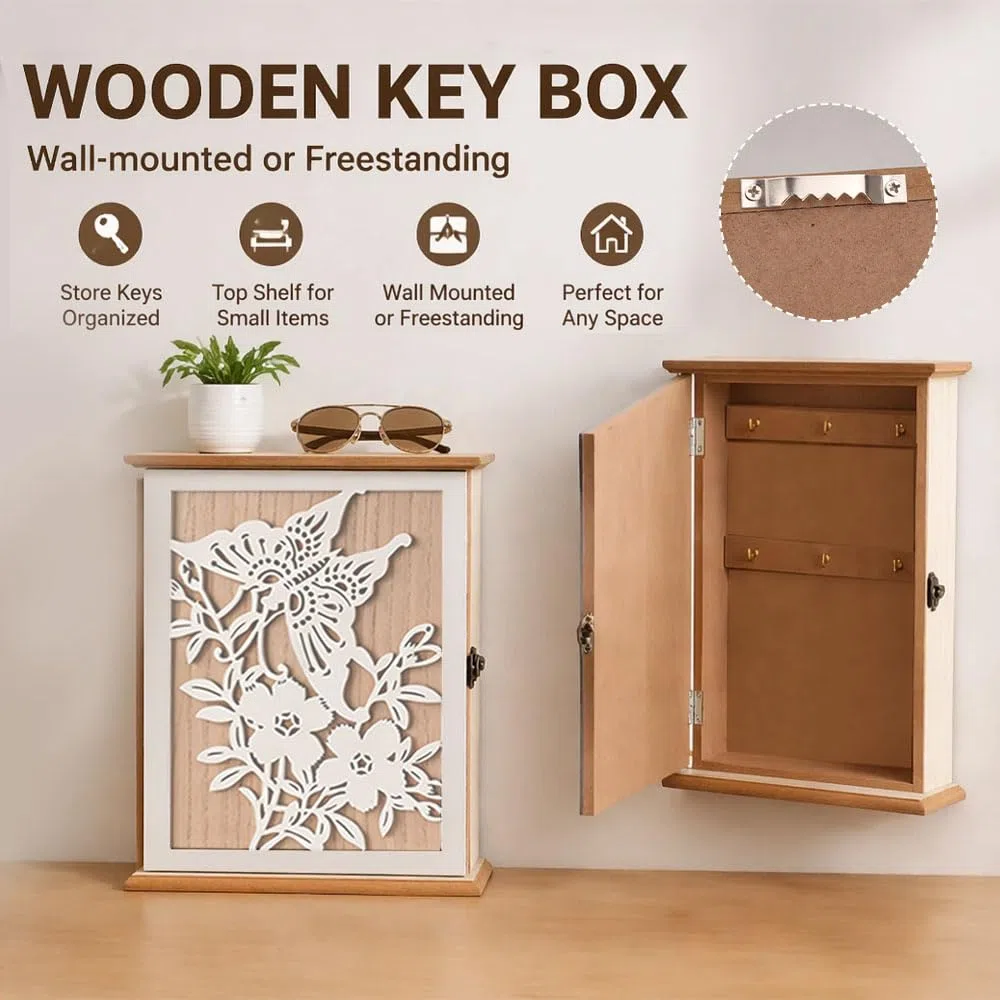 Caja Llaves Pared Madera con Motivo de Mariposas y Flores,Caja Llaves Pared Decorativa para Entrada,Dormitorio,Pasillo,Blanco,28 x 22 x 7 cm