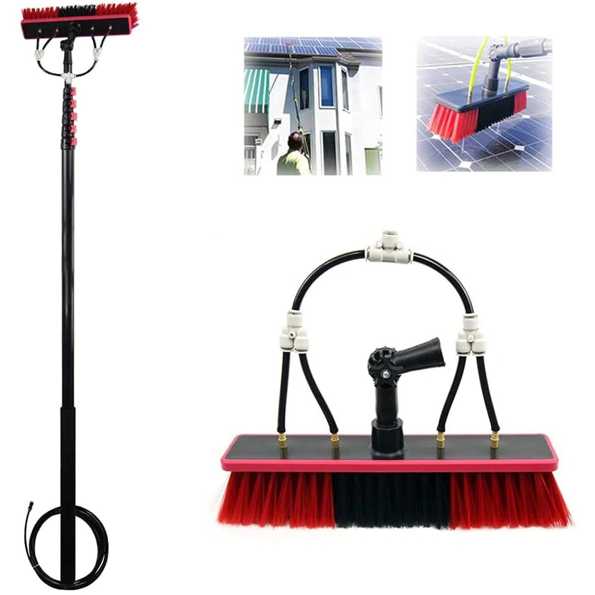 Kit de limpieza de paneles solares y ventanas, cepillo extensible de 35 cm con poste de suministro de agua de 10 m, ideal para limpieza de techos de invernadero, herramienta de limpieza eficiente al