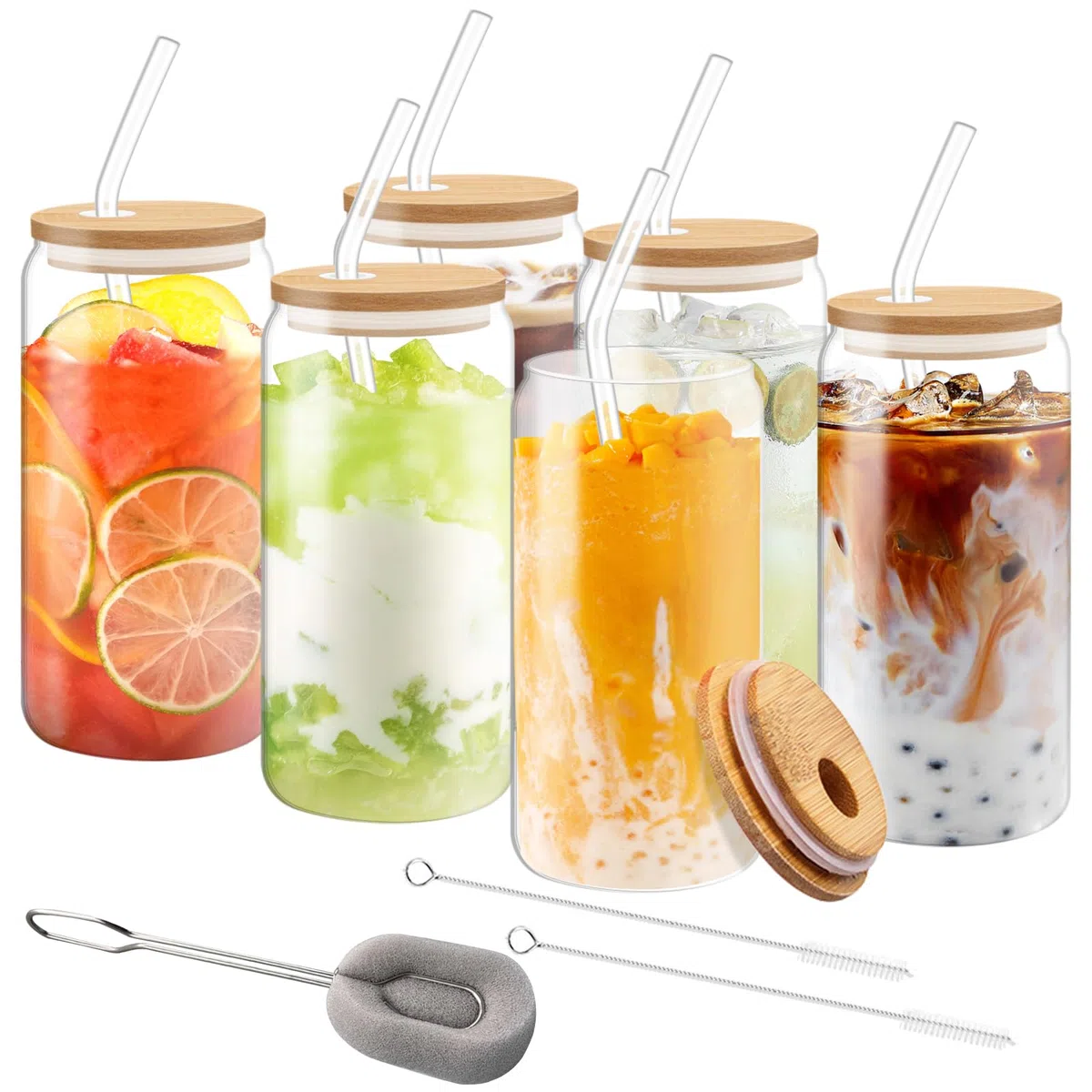 Vaso de Cerveza con Tapa y Pajita,Vaso de Vidrio en Forma de Lata,6 Unidades Bubble Tea Taza,550ml,Vaso de Vidrio Reutilizable,Vasos de Soda Para Batidos,Jugo,Boba,Té,Coca