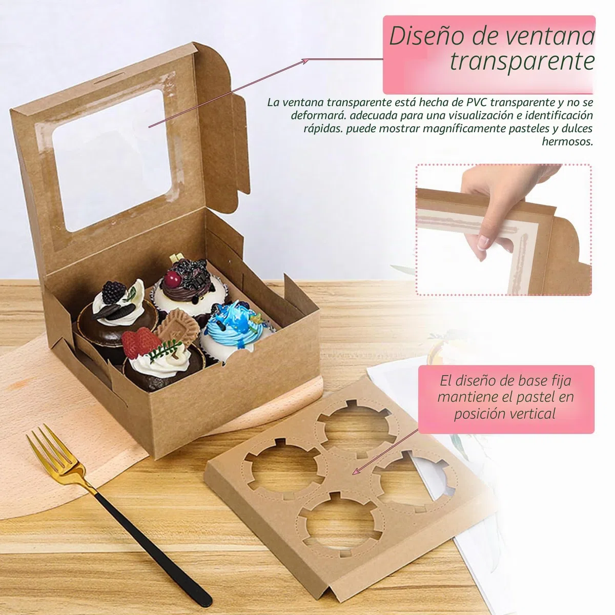 Coolty 30pcs Cajas para Tartas 4 Agujeros Cajas Cupcakes Cajas de Cartón para Embalaje Panadería Pastelería Cajas para Galletas Magdalenas Cupcakes Postres Tartas(Marrón)
