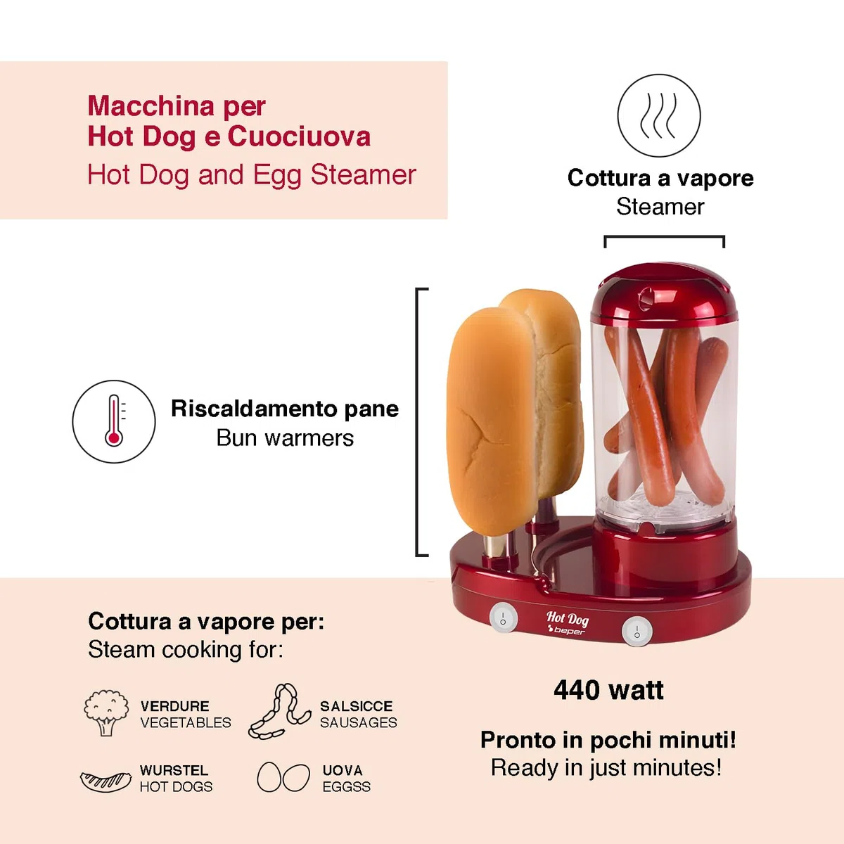 BEPER P101CUD502 Máquina para hacer perritos calientes y cocer huevos 3 en 1, vaporera para salchichas y huevos, calentador de panecillos con 2 varillas de acero inoxidable, 440 W, interruptor doble