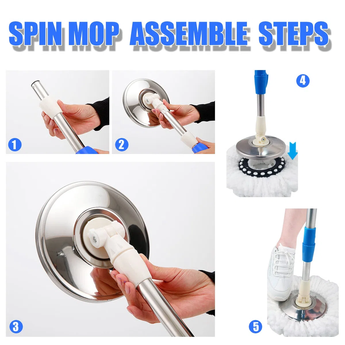 Sistema de fregona giratoria y cubo | Mopa giratoria 360 y cubo con juego de escurridor | Mopas para limpieza de suelos | 3 recambios de cabezal de microfibra | Mango extendido de 61 pulgadas | Mopa