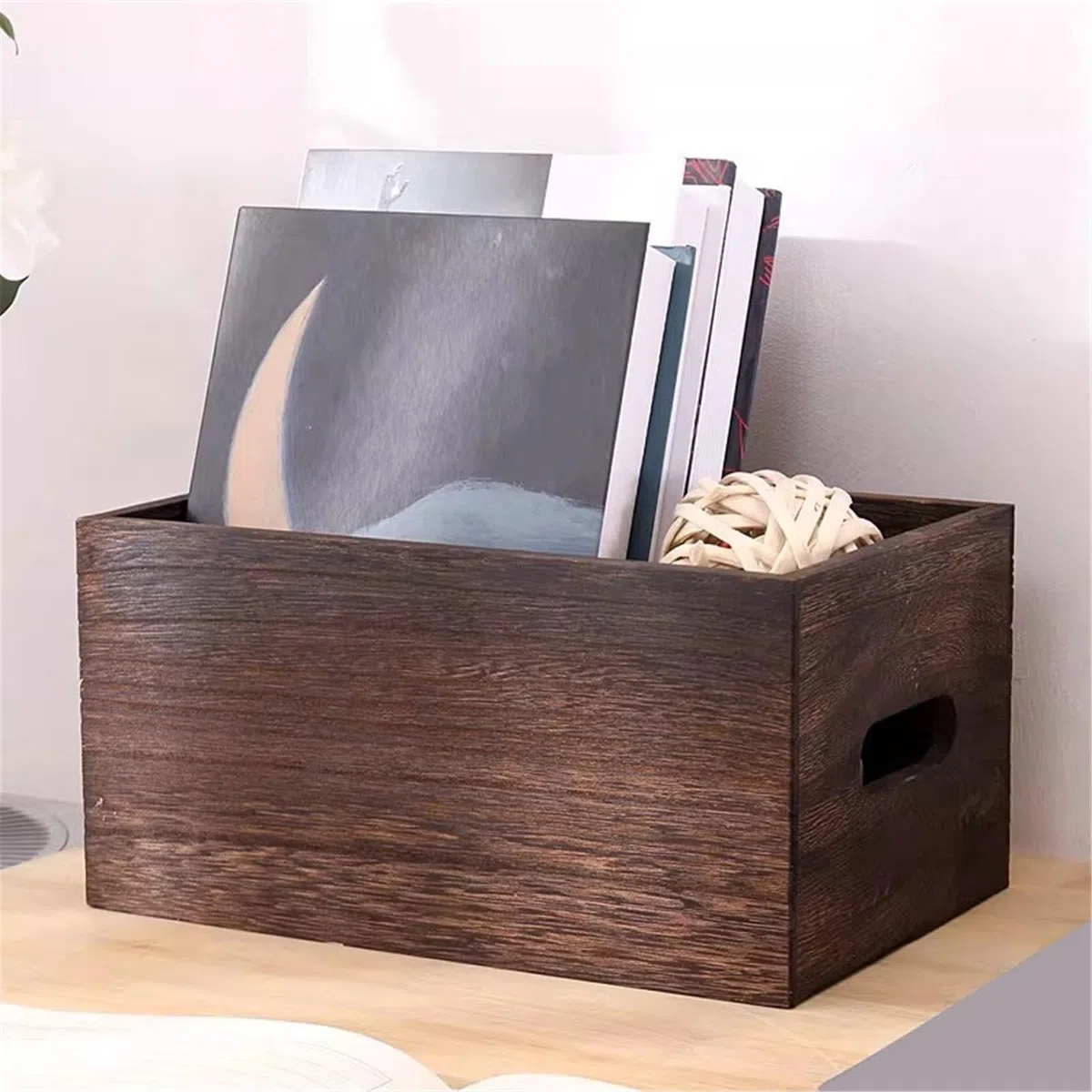 Unidad de estantería Caja organizadora de Discos Vinilo, estantería Madera con mostrador Retro, Caja Almacenamiento Asas Estantería(Pequeño)