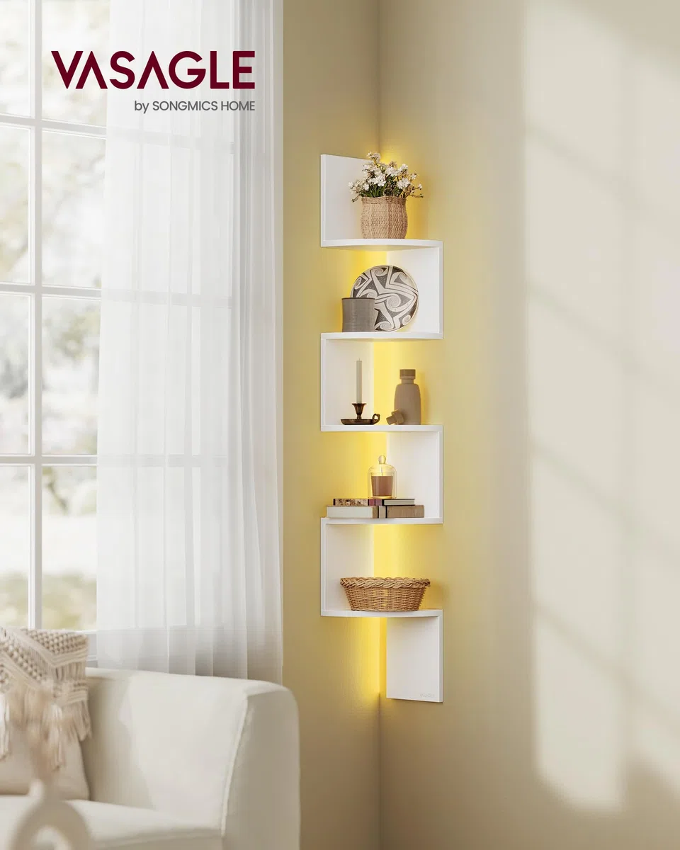 VASAGLE Estantería de Esquina de Pared con Iluminación LED, Librería Esquinera de 5 Niveles, Estante Flotante para Dormitorio, Salón, Baño, con Botón y Control Remoto, Blanco Mate LBC630W01