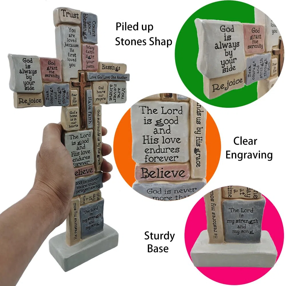 Escultura de cruz con palabras cristianas y refranes crucigramas mesa inspiradora cruz para decoración del hogar, regalos cristianos