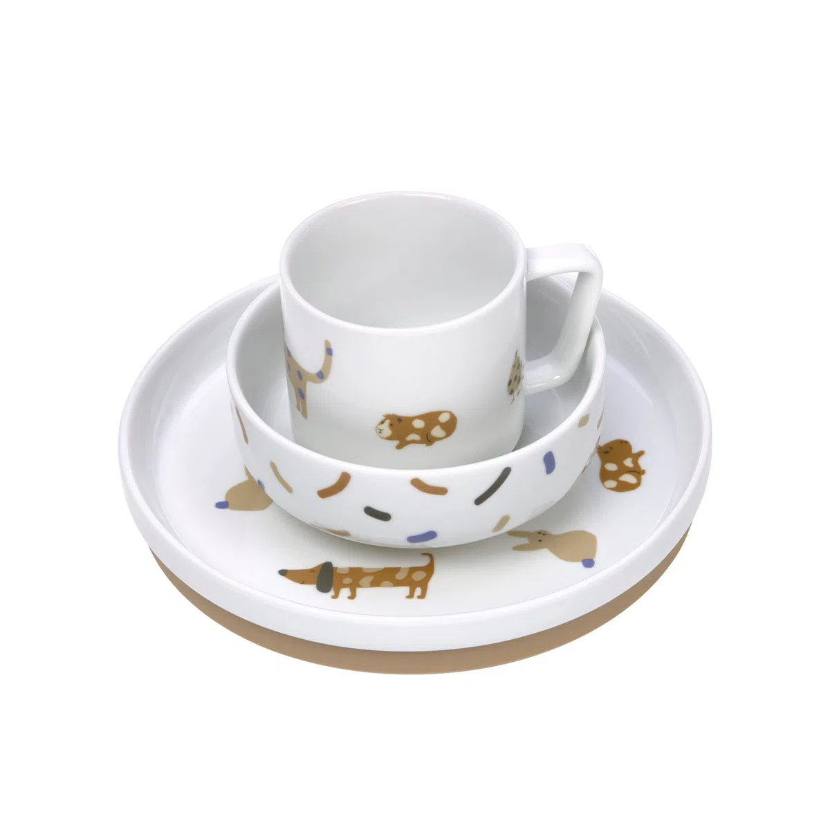 LÄSSIG juego de vajilla de porcelana para niños, plato, cuenco, taza con anillo de silicona, vajilla infantil antideslizante/Little Mateys royal blue
