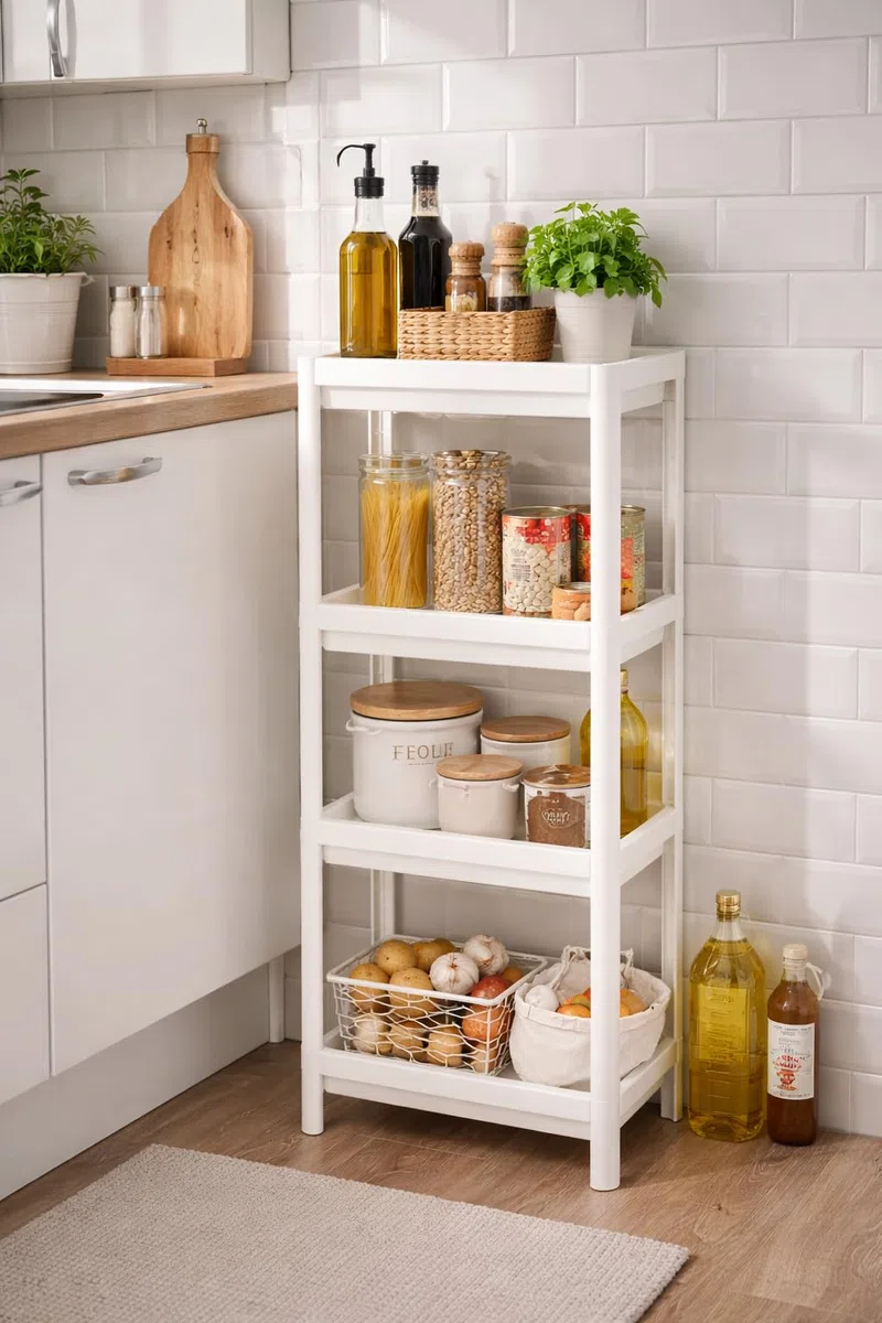 MARUKATSU Estantería Auxiliar 4 Baldas Blanca – Estantería Baño Estrecha Multiusos, Cocina, Lavadero o Dormitorio – Plástico PP Resistente, Ligera, Fácil Montaje sin Herramientas – 37x23x101 cm