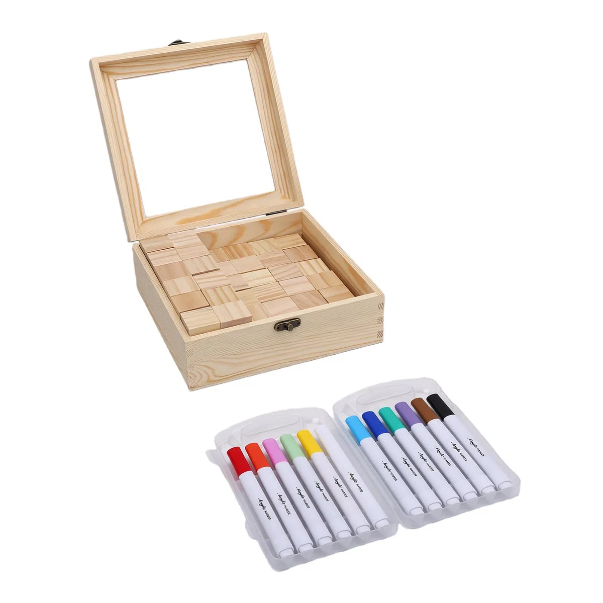 Brrnoo Juego de Bloques para Baby Shower con 48 Bloques de Madera, 12 Bolígrafos de Colores, 42 Plantillas, Caja de Madera para Fiesta de bebé, Revelación de Género, Celebración d