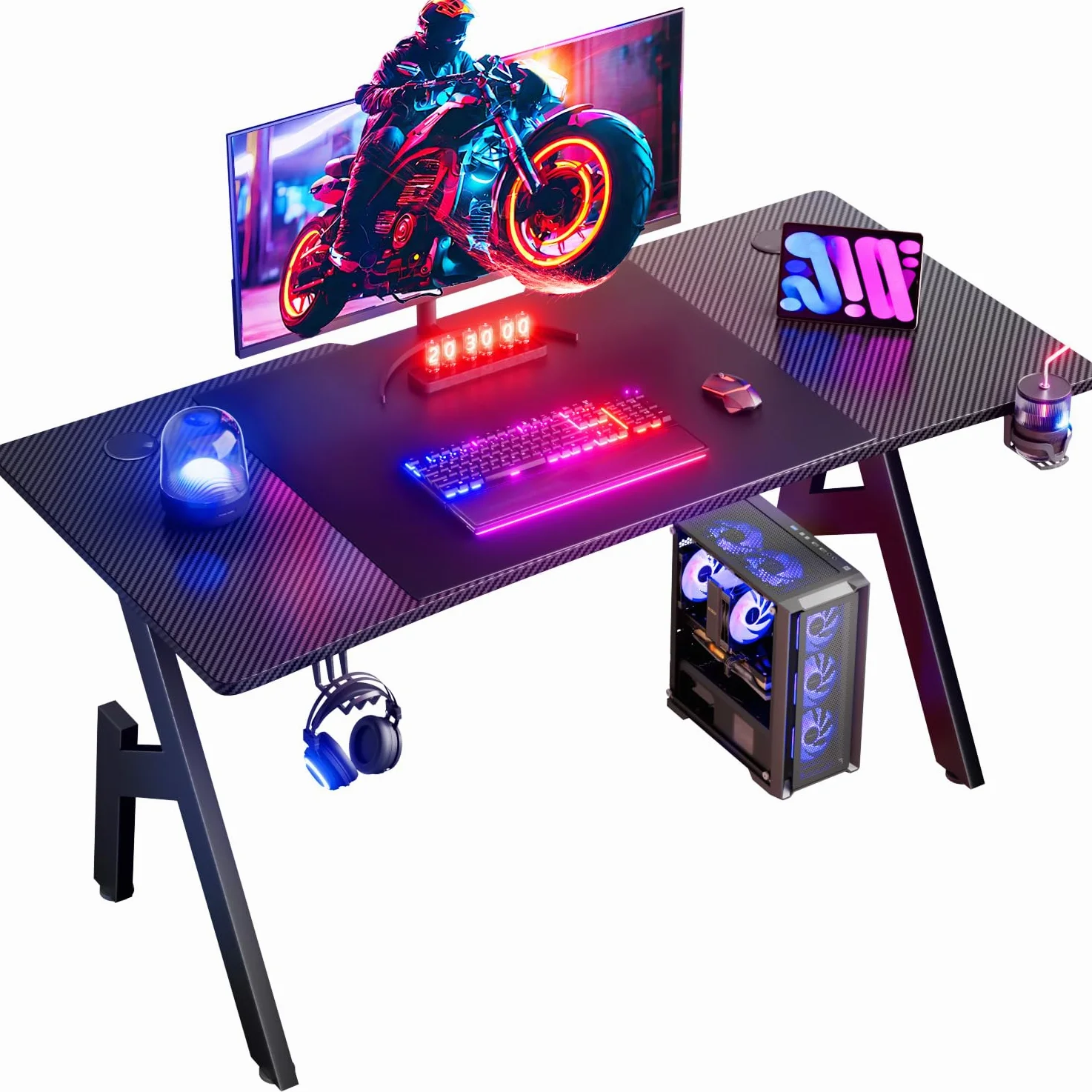 HLFURNIEU Mesa Gaming 120 x 60 cm, Escritorio Gaming Ergonómica, Mesa Gamer de Fibra de Carbono, Mesa para Ordenador con Portavasos y Gancho para Auriculares, Negro