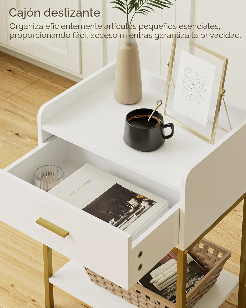 HEYZOEY Mesita de Noche Moderna de 3 Niveles con cajón de Almacenamiento y Estante, Mesa Auxiliar pequeña con Patas Doradas para Dormitorio, Sala de Estar, Color Blanco