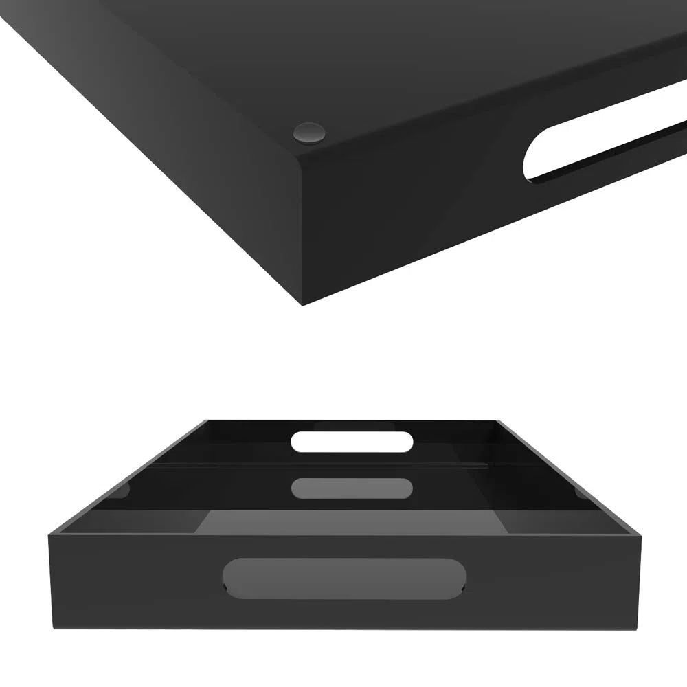 Bandeja acrílica negra para servir, 30,5 x 50,8 cm, para mesa de café, desayuno, té, comida, mayordomo, exhibición, cocina, maquillaje, vani con asas