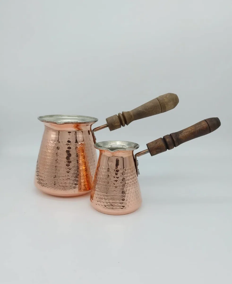 Leo Design Cafetera turca de 5 tamaños, cafetera griega árabe estufa de café grueso de 3 mm sólido martillado hecho a mano grabado de cobre Cezve Ibrik Briki con mango de madera para 2-8 personas (4