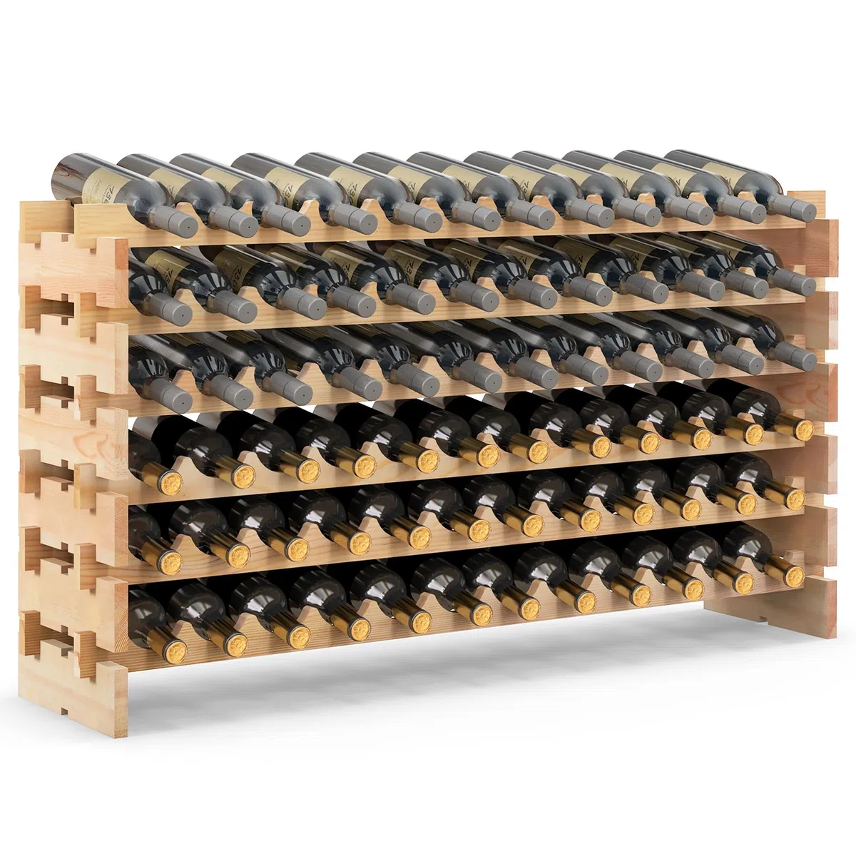 GOPLUS Botellero Vino de Pino para 72 Botellas, Botellero Apilable de Madera con 6 Niveles, Estantería de Vino, para Cocina Hogar Bar, Gran Espacio (72)