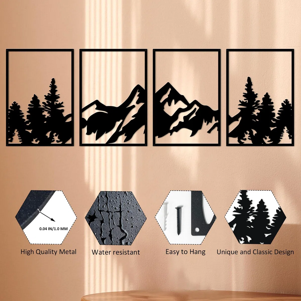 ESTART Arte de pared de montaña grande, 4 piezas de decoración de pared de metal, adecuado para sala de estar, dormitorio, oficina (bosque de montaña)