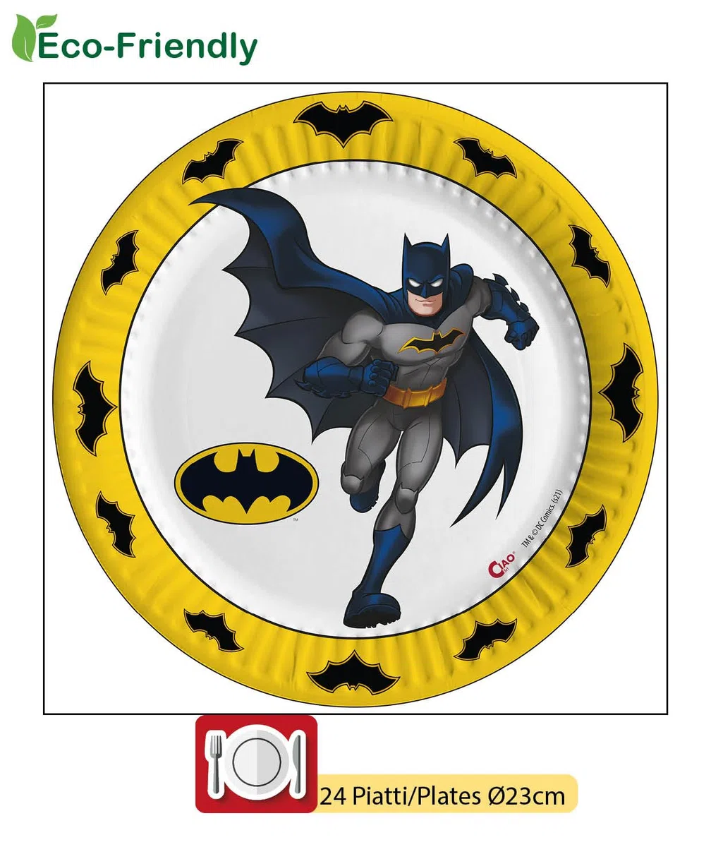 Ciao - Kit Vajilla de Fiesta Batman para 24 personas (112 pcs: 24 platos Ø23cm, 24 platos Ø18cm, 24 vasos 250ml, 40 servilletas 33x33cm) de papel compostable eco-friendly