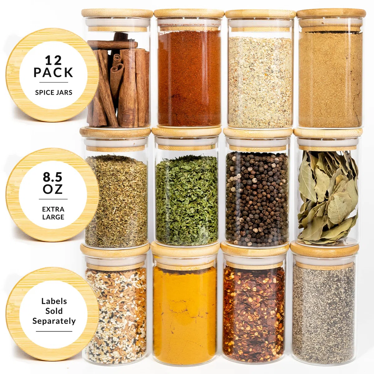 SAVVY & SORTED 12 tarros de especias de bambú natural, tarros de vidrio grandes de 8.5 onzas con tapas de bambú, tarro de condimentos con tapas herméticas, contenedores de especias para hierbas
