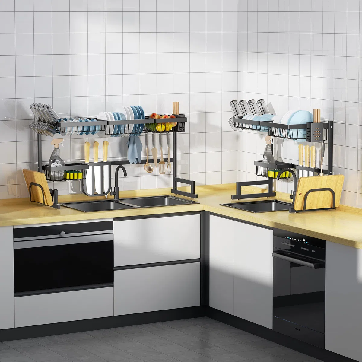 Luchs - Escurreplatos de acero inoxidable, soporte para platos, bandeja para cubiertos, escurreplatos para el fregadero de la cocina, estante para platos, organizador multifuncional para la cocina 65