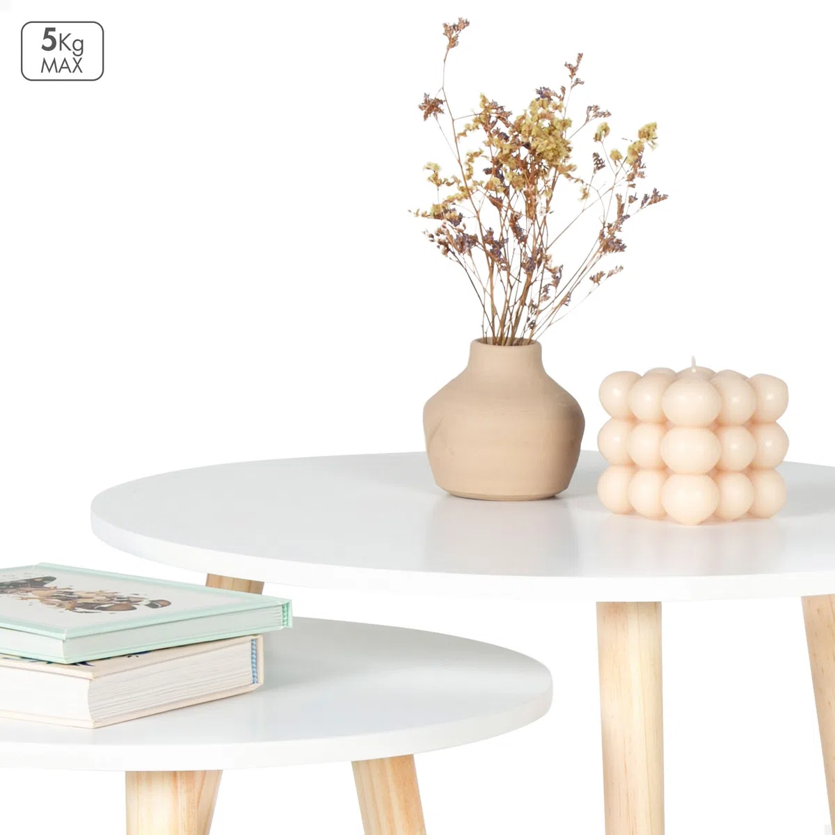 AKTIVE MAX Home Set de 2 mesas auxiliares, D40x44 cm y D50x50 cm, Peso máximo soportado 5kg, Nido, Blancas, Patas de Madera Natural, para salón, Comedor, Oficina (18510)