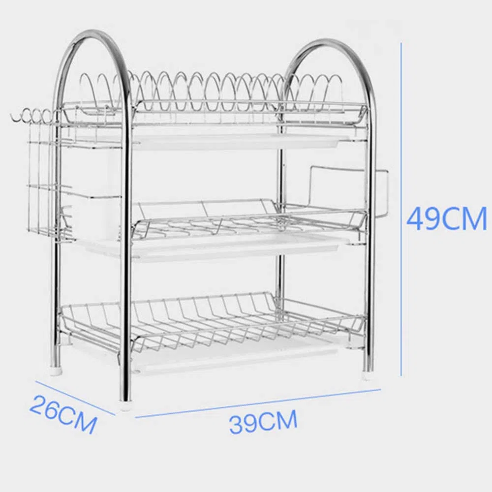 Escurridor de platos de acero inoxidable, organizador de cocina a prueba de óxido con 3 cubos de drenaje para platos, vasos, tazas y cubiertos, estante de secado duradero que ahorra espacio para un