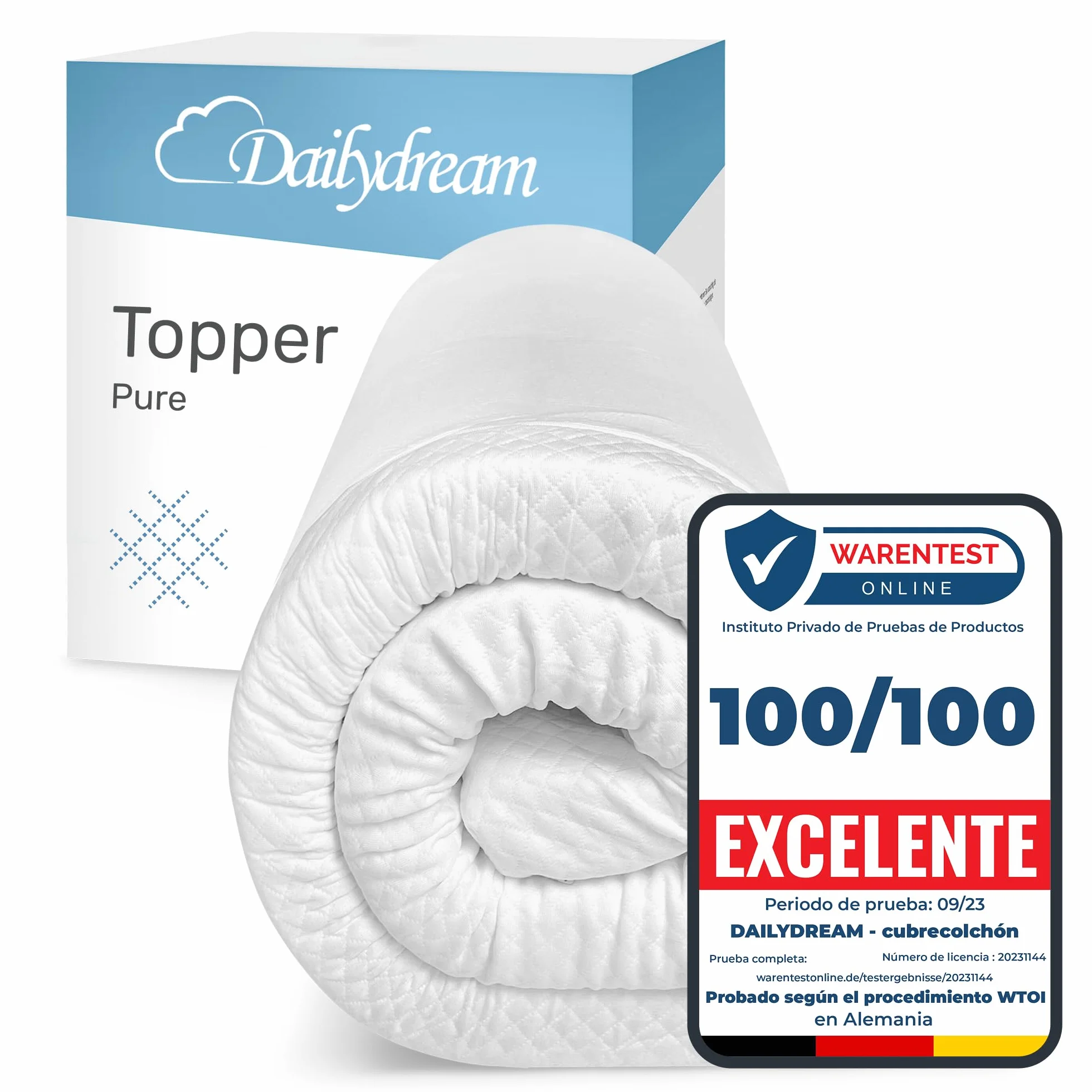 Dailydream Topper Viscoelástico, Memory Foam, 100x200 cm, 7 cm | Edición Pure, H1/2, sobrecolchón viscoelástico con funda lavable, base antideslizante y correas elásticas.