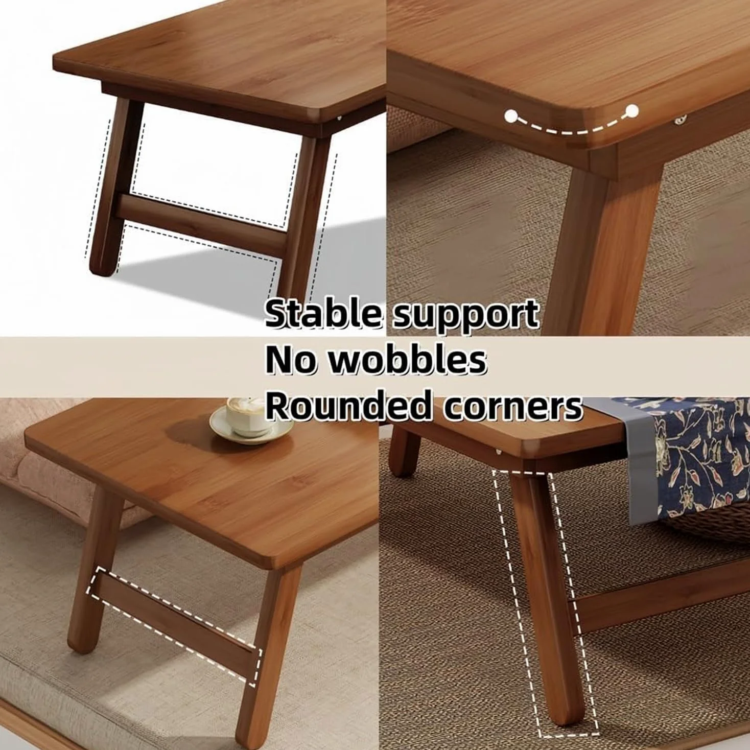 Mesa de Tatami Rectangular Plegable de Bambú, Centro Japonesa Pequeña, Baja Portátil Multifuncional para Salón, Sala de Estar, Balcón, 57 x 34.3 x 22.3cm