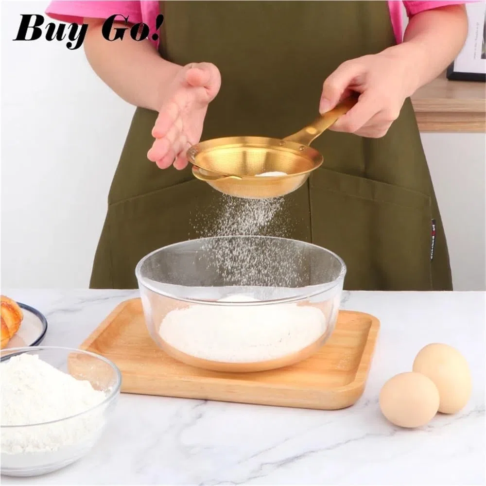 Tamiz de Malla Fina for harina de repostería y azúcar Glas. Tamiz de Cocina de Acero Inoxidable con Mango ergonómico for Pasteles, Bollos y Pasta.(Gold-2pcs)