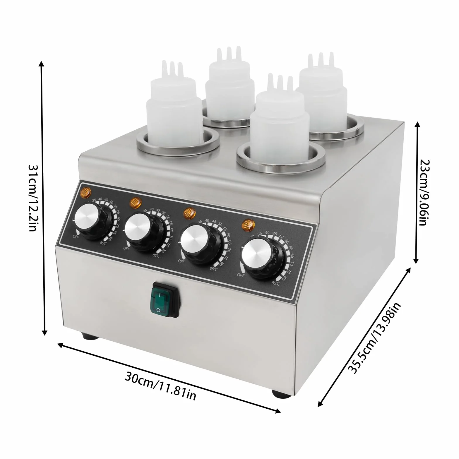 Calentador de salsas eléctrico de acero inoxidable, dispensador con 4 botellas de expresión, 800 W, para buffet y gastronomía, dispositivo de mesa con regulación de temperatura para ketchup