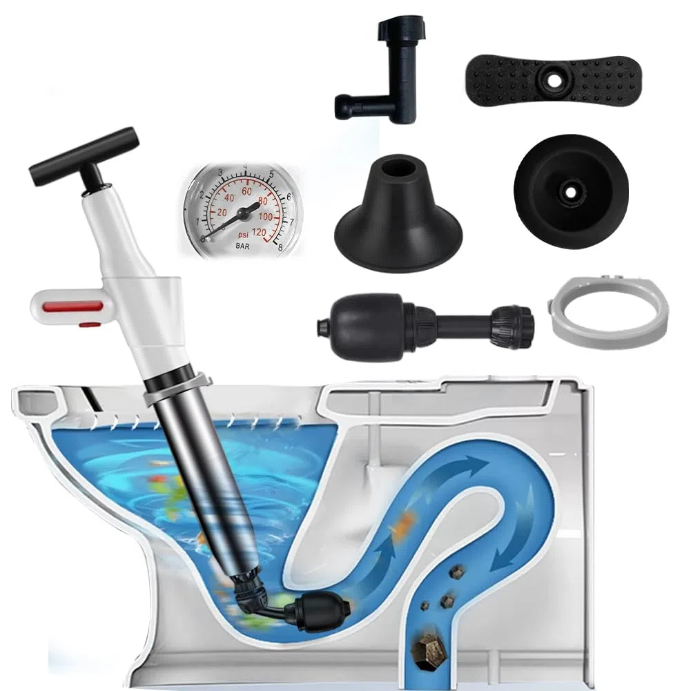 Juego de desatascadores de alta presión, bomba de alta presión con indicador de presión de aire, bomba de aire comprimido con 4 accesorios, limpiador universal de tuberías para inodoro, lavabo y ducha