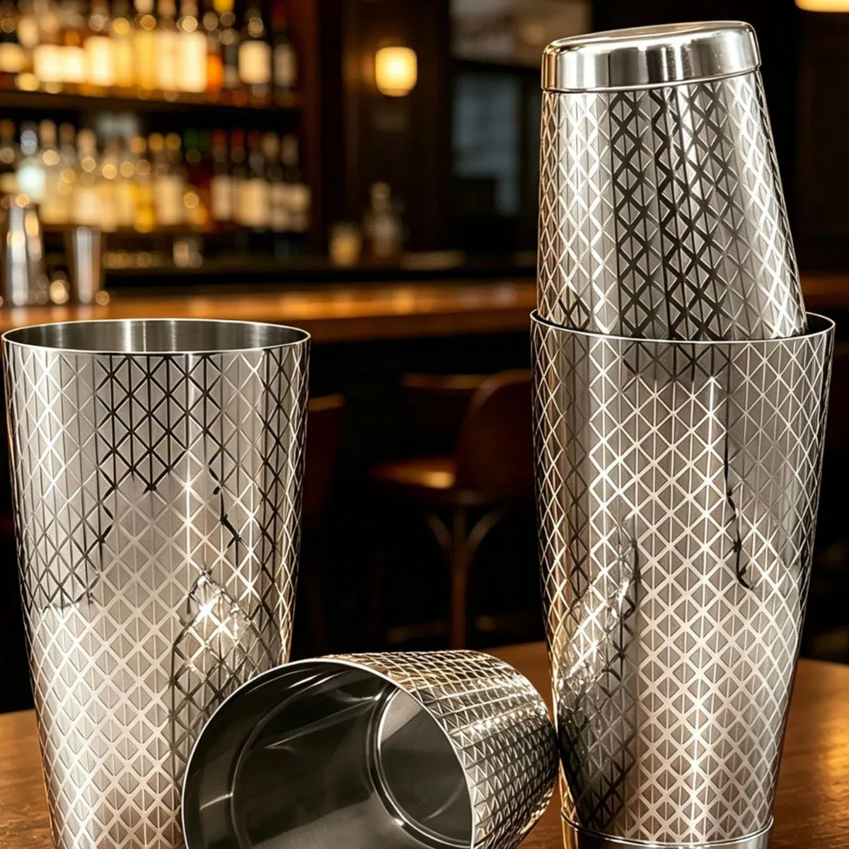 7 Piezas Juego Coctelerí Estuche Enrollable Profesional Kit Barman con Bolsa Lona Compacto Coctelera para Hogar, Juego De Coctelería Boston Grabado Con Patrón De Diamante, Con Base, 7 Piezas