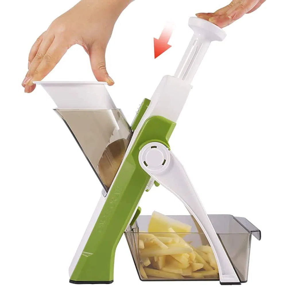 Cortador de mandolina profesional con 4 modos de corte para rebanar, cortar en dados, picar y juliana de forma segura y fácil, ideal para chefs y cocinar en casa